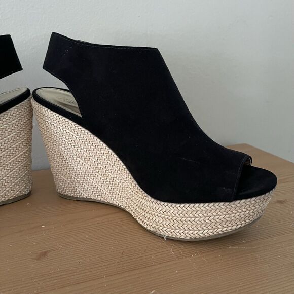 Report Boho Wedge Sandals Womens 9 Utility Espadrilles Black Suede Fringe Shoes - Picture 4 of 12